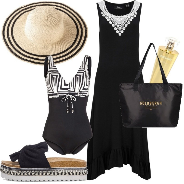 Outfit donna - Total look #1662680. Stile Boho per Tutti i giorni. Abbinamento con costumi interi, vestiti, cappelli, sandali in pelle, shopping bag, profumi.
