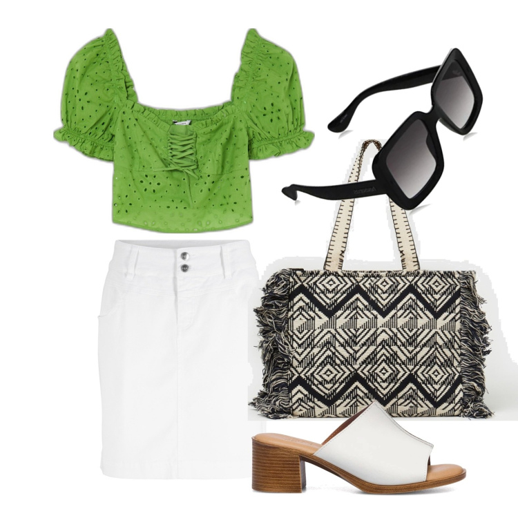 Outfit donna - Ghost outfitter - luglio. Stile Trendy per Tutti i giorni. Abbinamento con minigonne, camicie, shopping bag, sandali in pelle, occhiali da sole.