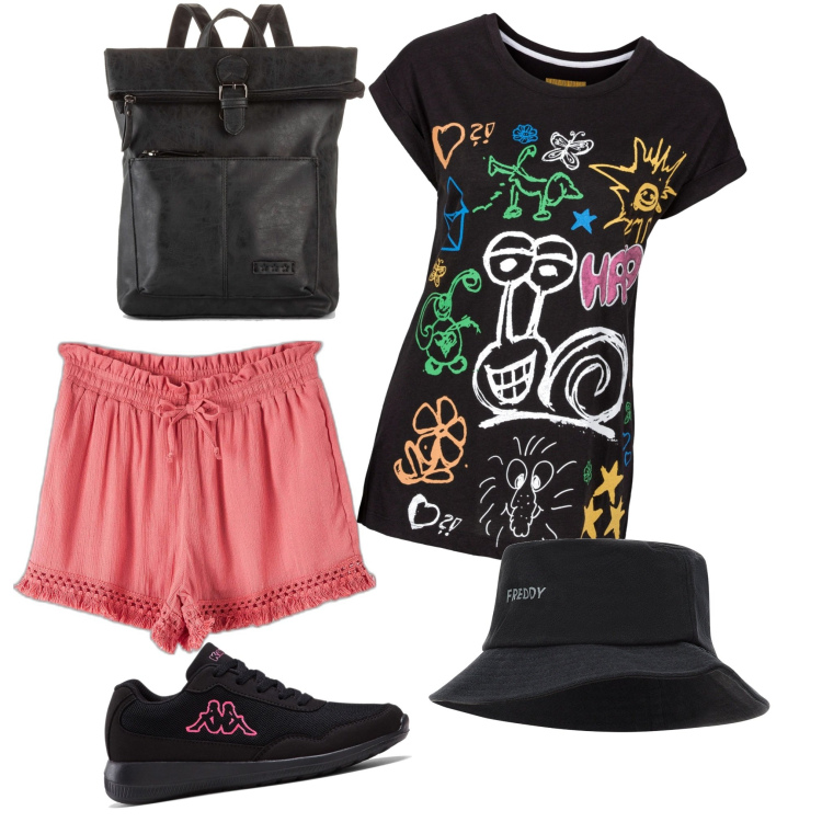 Outfit donna - Total look #1662821. Stile Sporty chic per Tutti i giorni. Abbinamento con t-shirt, zaini, sneakers, shorts, cappelli.