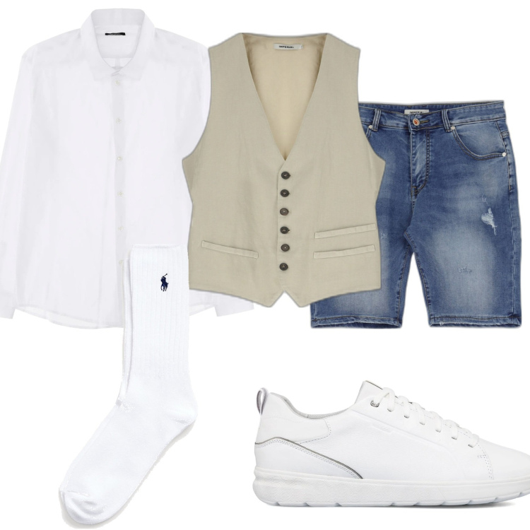 Outfit uomo - Alla moda sempre. Stile Trendy per Tutti i giorni. Abbinamento con camicie, gilet, bermuda, sneakers, calzini.