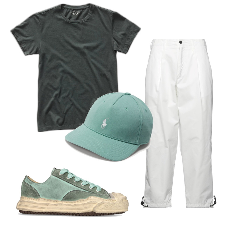 Outfit uomo - Basic. Stile Urban per Tutti i giorni. Abbinamento con pantaloni, t-shirt, cappelli con visiera, sneakers.