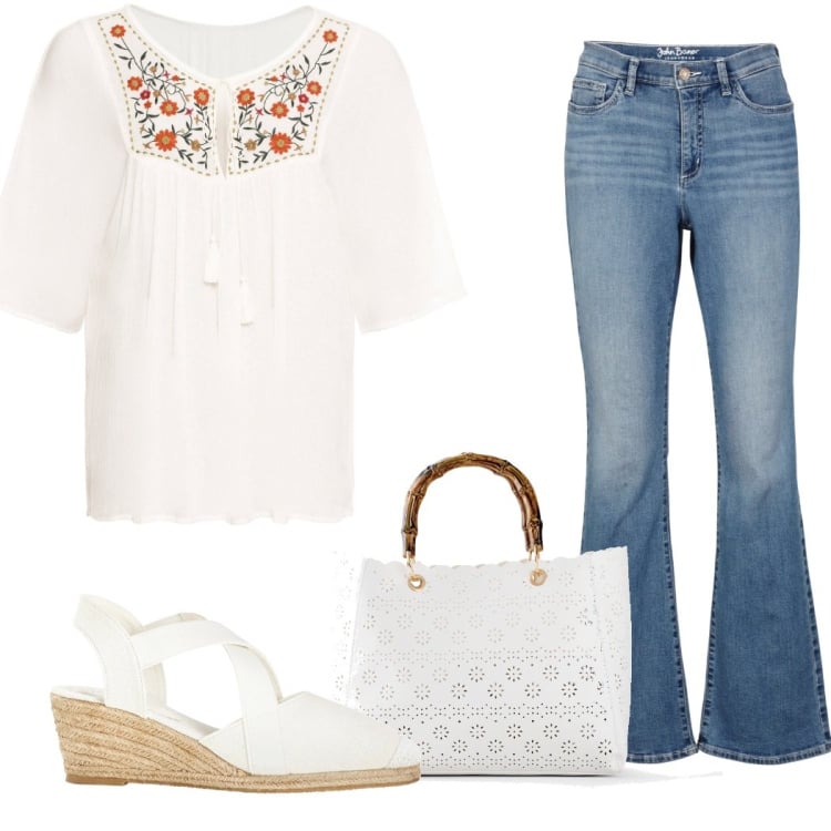 Outfit mujer - Boho #2559. Estilo Boho para Todos los días. Combinación con túnicas, sandalias de tacón, vaqueros bootcut, bolsos de mano.