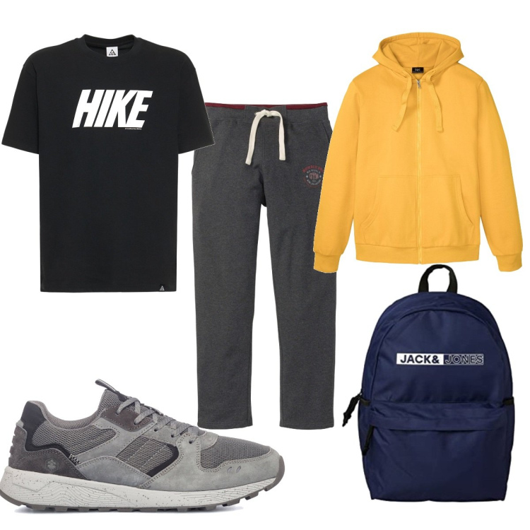 Outfit uomo - Total look #1662873. Stile Trendy per Sport. Abbinamento con pantaloni, felpe con cappuccio, sneakers, t-shirt, borse sportive.
