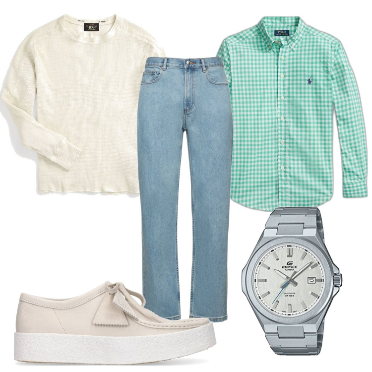 Outfit uomo - Total look #1662881. Stile Trendy per Tutti i giorni. Abbinamento con maglieria, camicie, scarpe stringate, jeans dritti, orologi.