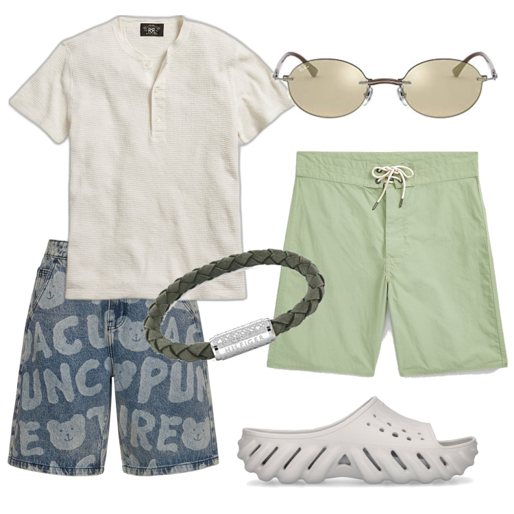 Outfit uomo - Rrl. Stile Trendy per Mare. Abbinamento con t-shirt, costumi, shorts, occhiali da sole, sandali, braccialetti.
