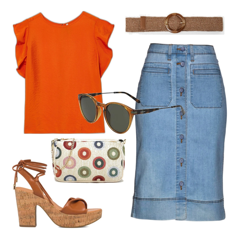 Outfit donna - Total look #1662983. Stile Casual per Tutti i giorni. Abbinamento con gonne, pochette, bluse, cinture, sandali alla schiava, occhiali da sole.