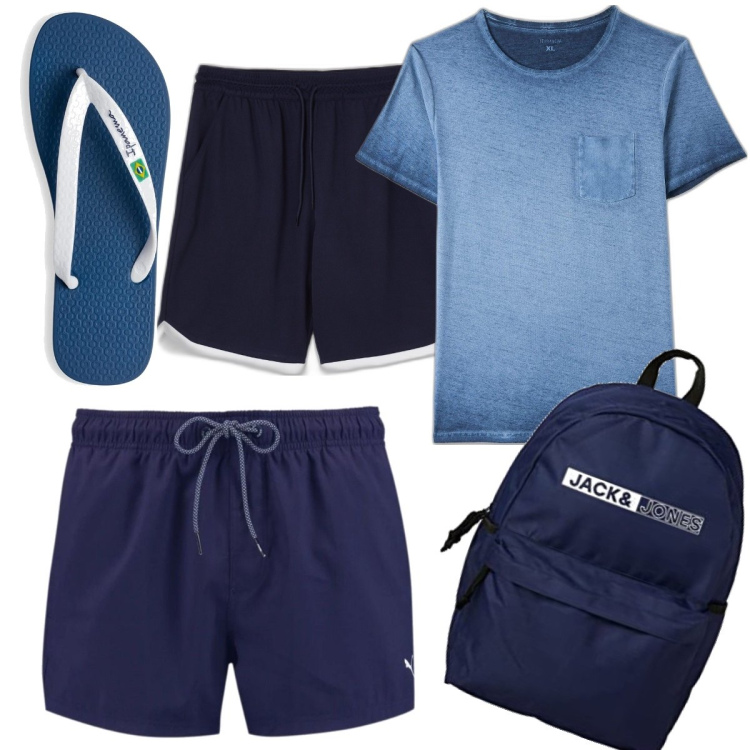 Outfit uomo - Giornata in spiaggia. Stile Casual per Mare. Abbinamento con t-shirt, bermuda, costumi, sandali, borse sportive.