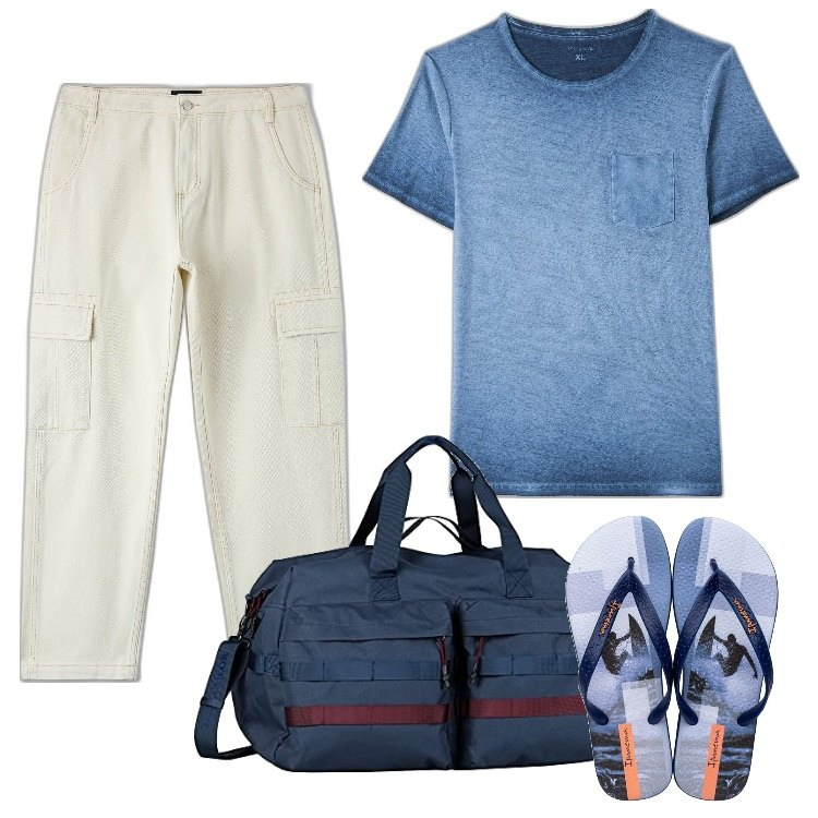 Outfit uomo - Total look #1663011. Stile Trendy per Mare. Abbinamento con t-shirt, pantaloni cargo, sandali, borse sportive.