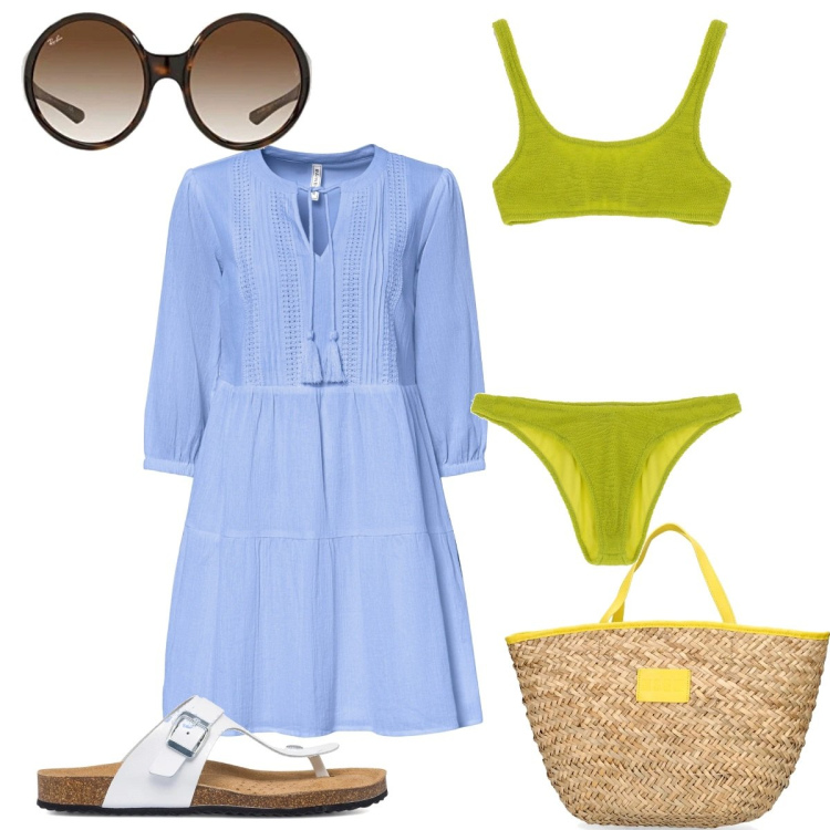 Outfit donna - Giornata al mare. Stile Casual per Mare. Abbinamento con vestiti da spiaggia, costumi, infradito, occhiali da sole, shopping bag.
