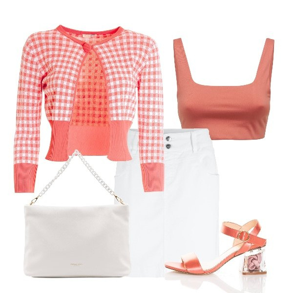 Outfit donna - albicocche a colazione. Stile Bon Ton per Tutti i giorni. Abbinamento con minigonne, cardigans, sandali col tacco, borse a spalla, top.
