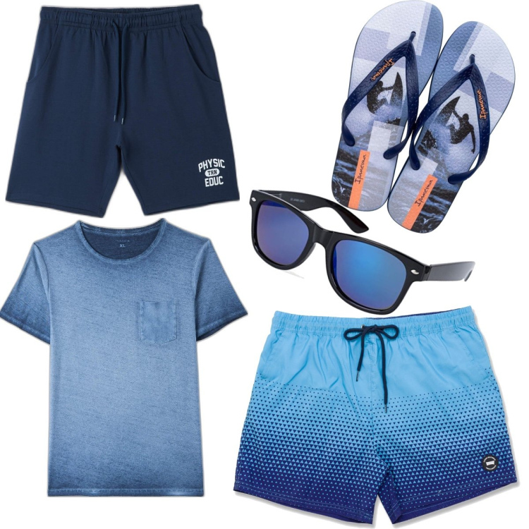 Outfit uomo - Il costume Carrera blu. Stile Casual per Mare. Abbinamento con t-shirt, pantaloni corti, costumi, sandali, occhiali da sole.