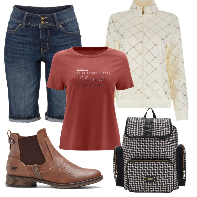 Outfit donna - Total look chic. Stile Casual chic per Tutti i giorni. Abbinamento con bermuda, stivaletti chelsea, zaini, felpe, t-shirt.