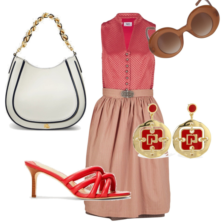 Outfit donna - In ufficio. Stile Bon Ton per Ufficio. Abbinamento con borse a spalla, sandali in pelle, vestiti midi/longuette, orecchini, occhiali da sole.
