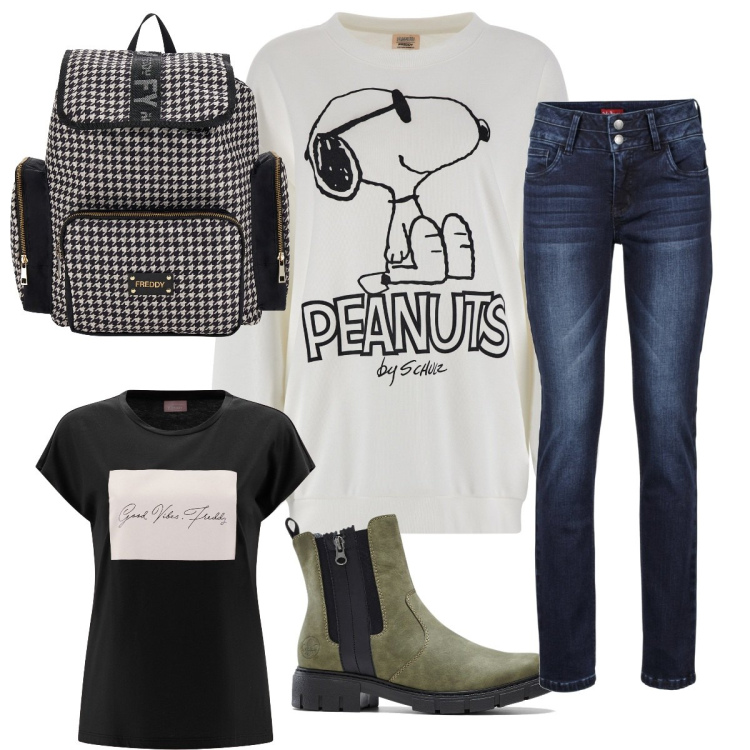 Outfit donna - Snoopy forever. Stile Casual per Tutti i giorni. Abbinamento con jeans, stivaletti, t-shirt, felpe, zaini.