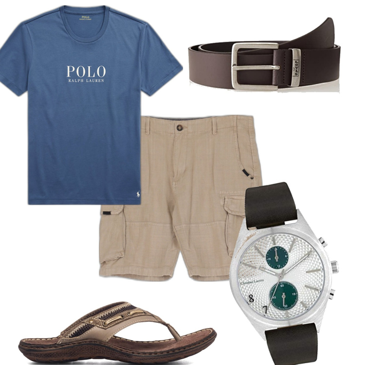 Outfit uomo - Passeggiata di sera al mare. Stile Trendy per Tutti i giorni. Abbinamento con bermuda, t-shirt, sandali, cinture, orologi analogici.