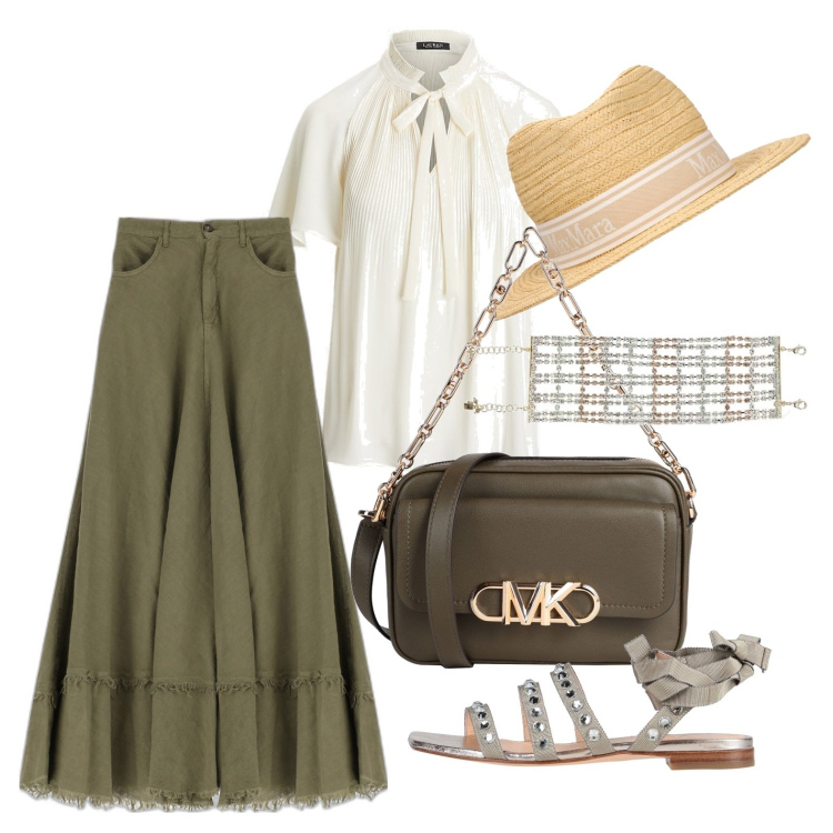 Outfit donna - Ghost outfitter - luglio. Stile Glamour per Tutti i giorni. Abbinamento con borse a tracolla, sandali in pelle, gonne lunghe, camicie, braccialetti, cappelli.