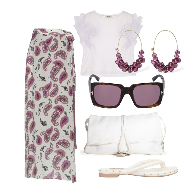 Outfit donna - Ghost outfitter - luglio. Stile Glamour per Tutti i giorni. Abbinamento con infradito, borse a spalla, gonne lunghe, t-shirt, orecchini, occhiali da sole.