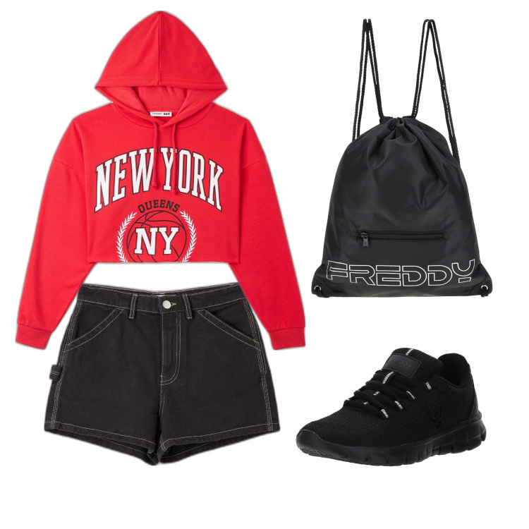 Outfit donna - Total look #1663620. Stile Urban per Tutti i giorni. Abbinamento con felpe con cappuccio, shorts, zaini, sneakers.