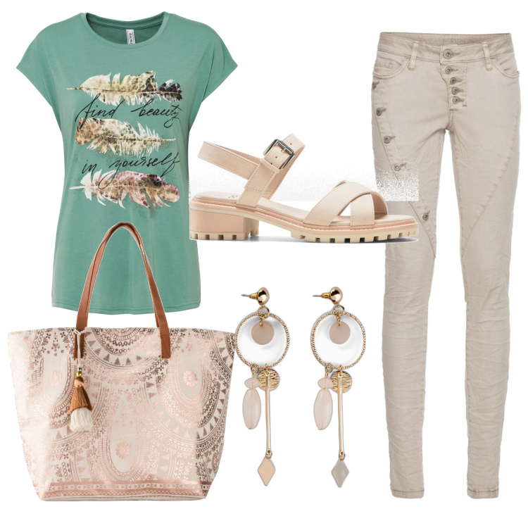 Outfit donna - Piume nel deserto. Stile Boho per Tutti i giorni. Abbinamento con t-shirt, orecchini, pantaloni, sandali, shopping bag.