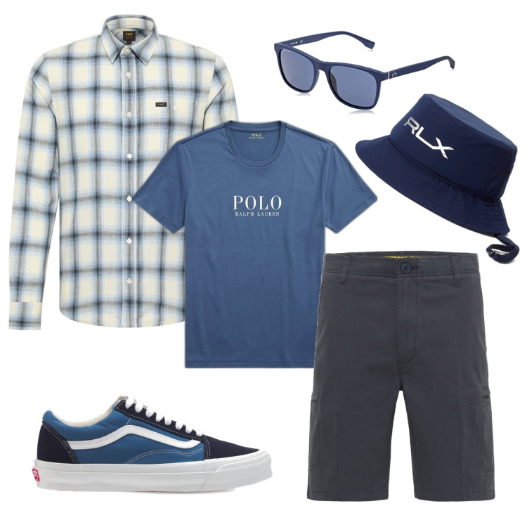 Outfit uomo - Blu come i suoi occhi. Stile Trendy per Tutti i giorni. Abbinamento con t-shirt, cappelli con visiera, shorts, camicie, sneakers, occhiali da sole.