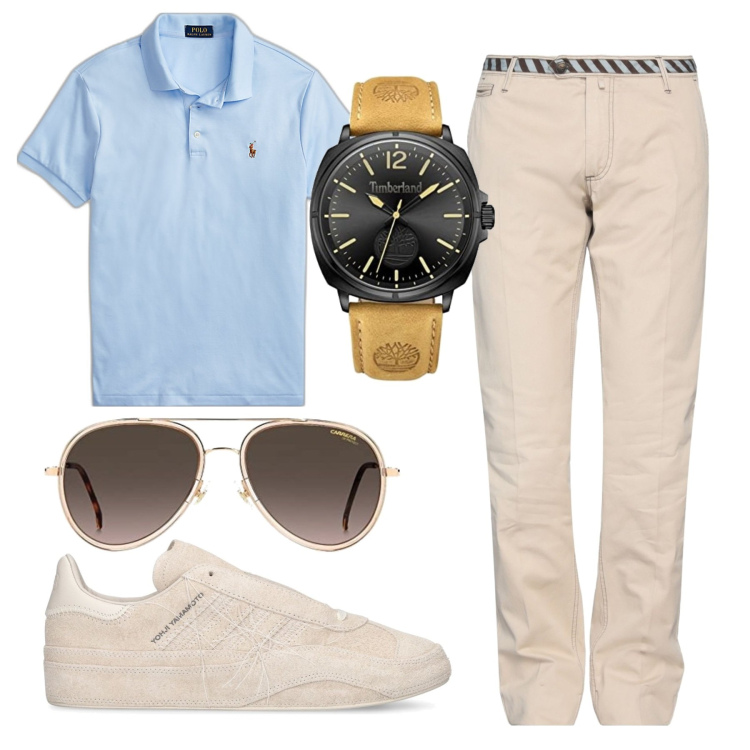 Outfit uomo - In ufficio a luglio. Stile Casual per Ufficio. Abbinamento con pantaloni, polo, sneakers, orologi analogici, occhiali da sole.