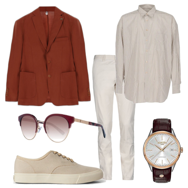Outfit uomo - L\'ufficio a luglio. Stile Business/Elegante per Ufficio. Abbinamento con pantaloni, camicie, giacche, sneakers, orologi analogici, occhiali da sole.