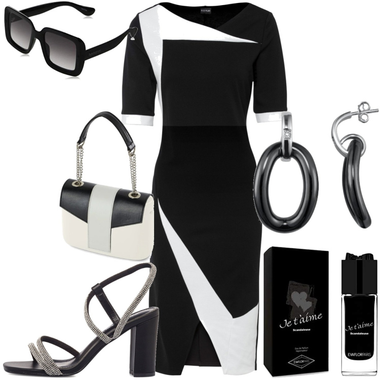 Outfit donna - Una sola condizione/ bianco e nero. Stile Vintage retrò per Ufficio. Abbinamento con vestiti a tubino, sandali in pelle, borse a spalla, orecchini, occhiali da sole, profumi.