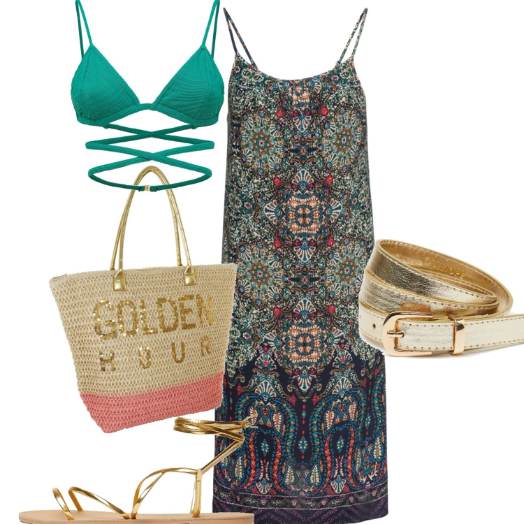 Outfit donna - Al mare. Stile Boho per Mare. Abbinamento con vestiti, sandali alla schiava, cinture, borse a secchiello, bikini.