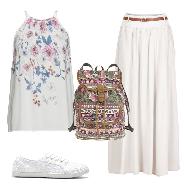 Outfit donna - Summer white. Stile Romantica per Tutti i giorni. Abbinamento con top, sneakers, gonne lunghe, zaini.