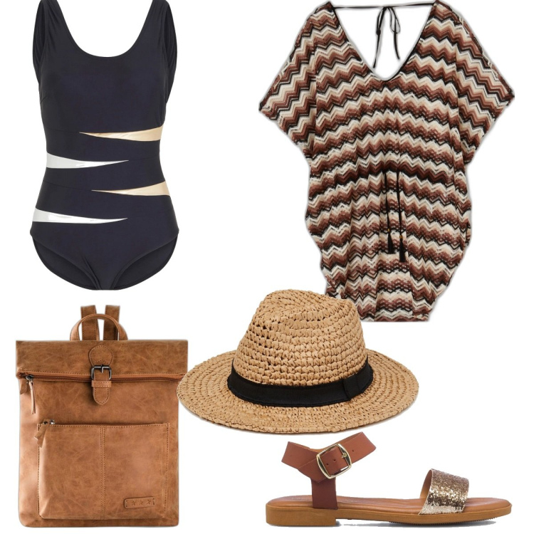 Outfit donna - Bantoa Hot Summer Sales. Stile Casual per Mare. Abbinamento con costumi interi, zaini, caftani, cappelli con visiera, sandali in pelle.