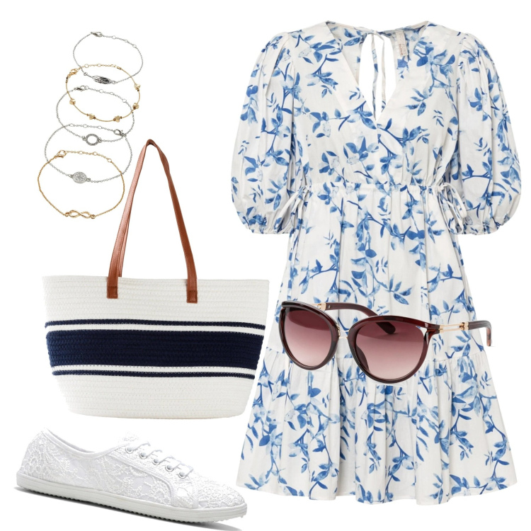 Outfit donna - Comoda e bella. Stile Chic per Tutti i giorni. Abbinamento con sneakers, occhiali da sole, braccialetti con ciondoli, vestiti, shopping bag.