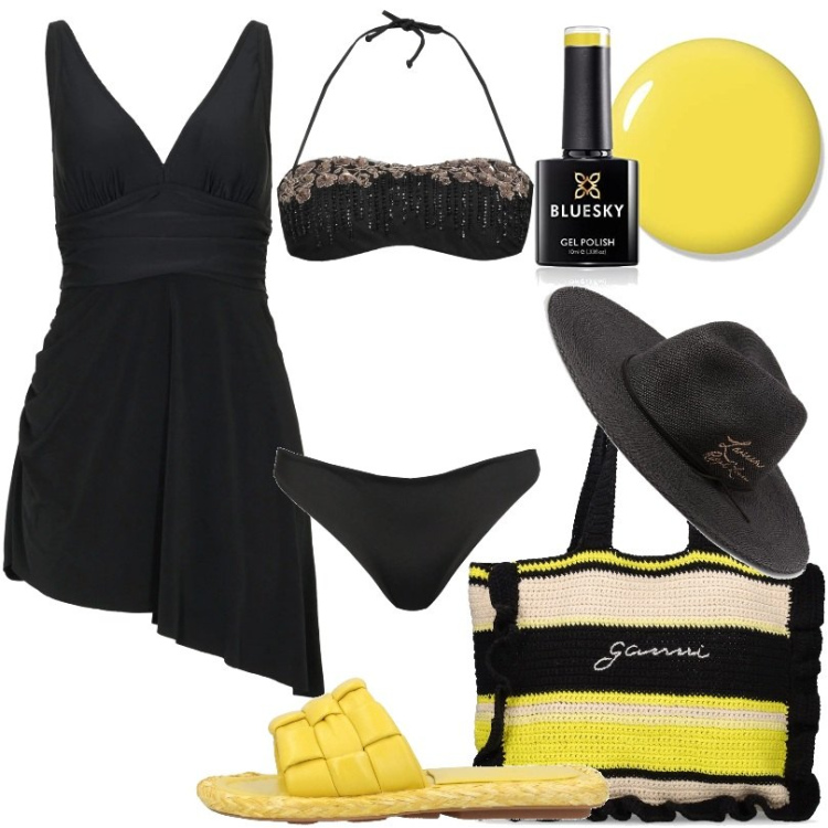 Outfit donna - Toni accesi per l\'estate. Stile Casual per Tutti i giorni. Abbinamento con vestiti da spiaggia, bikini, sandali in pelle, sciarpe, shopping bag, smalti.