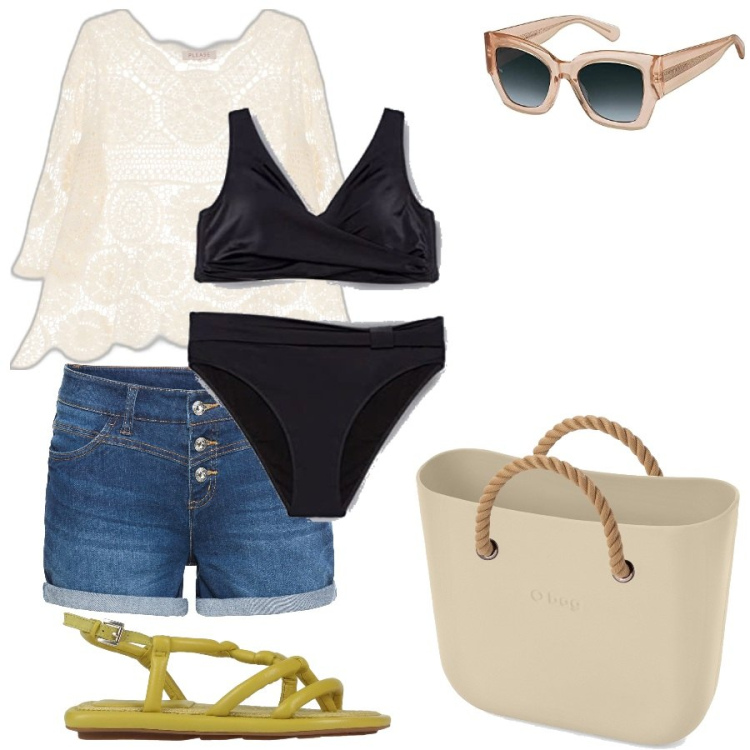 Outfit donna - curvy summer. Stile Boho per Mare. Abbinamento con shorts, infradito, maglieria, bikini, borse a spalla, occhiali da sole.