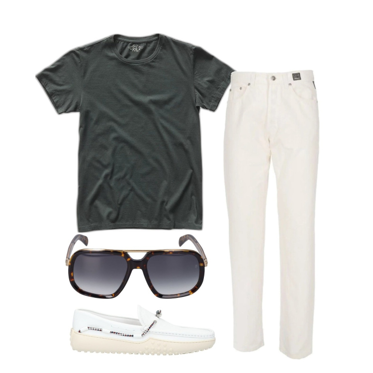 Outfit uomo - Ghost outfitter - luglio. Stile Trendy per Serata speciale. Abbinamento con scarpe stringate, jeans dritti, t-shirt, occhiali da sole.