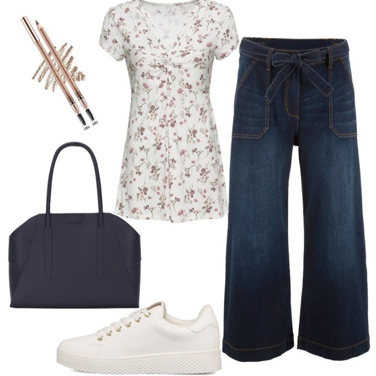 Outfit donna - Jeans cropped a vita alta ultra morbidi. Stile Basic per Tutti i giorni. Abbinamento con maglieria, jeans, sneakers, borse a spalla, eyeliner.