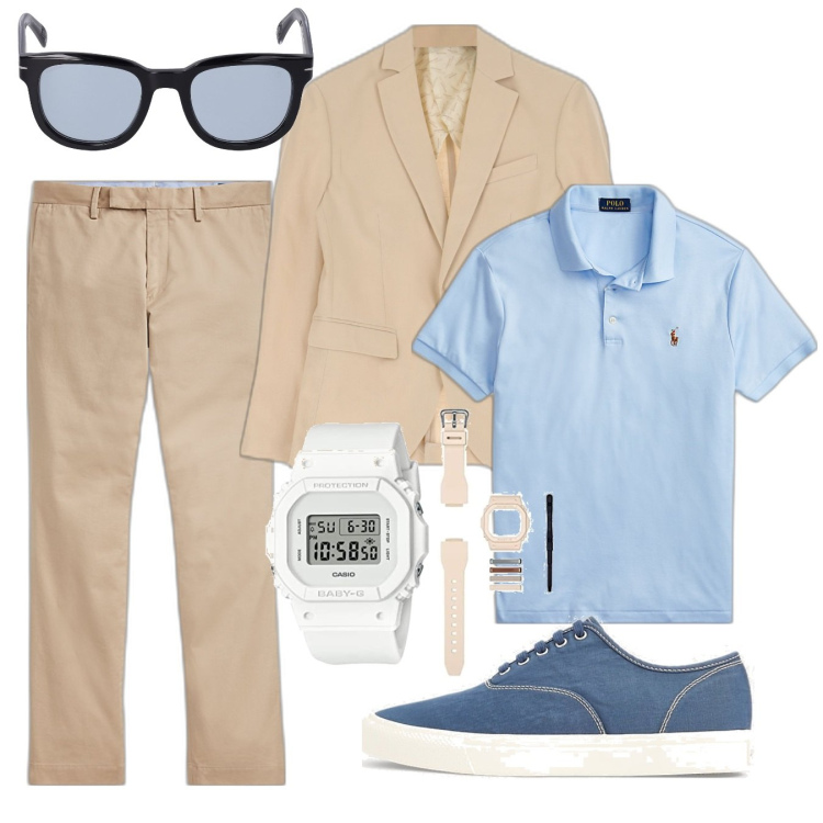 Outfit uomo - Polo in ufficio. Stile Casual per Ufficio. Abbinamento con giacche, polo, pantaloni chino, sneakers, occhiali da sole, orologi digitali.