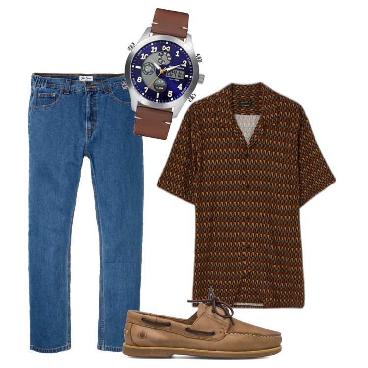 Outfit uomo - Blu e cuoio. Stile Casual per Tutti i giorni. Abbinamento con jeans dritti, camicie a manica corta, scarpe stringate, orologi.