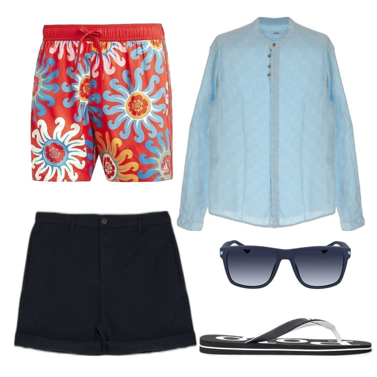 Outfit uomo - In spiaggia con stile.. Stile Trendy per Mare. Abbinamento con camicie, bermuda, sandali, occhiali da sole, costumi.
