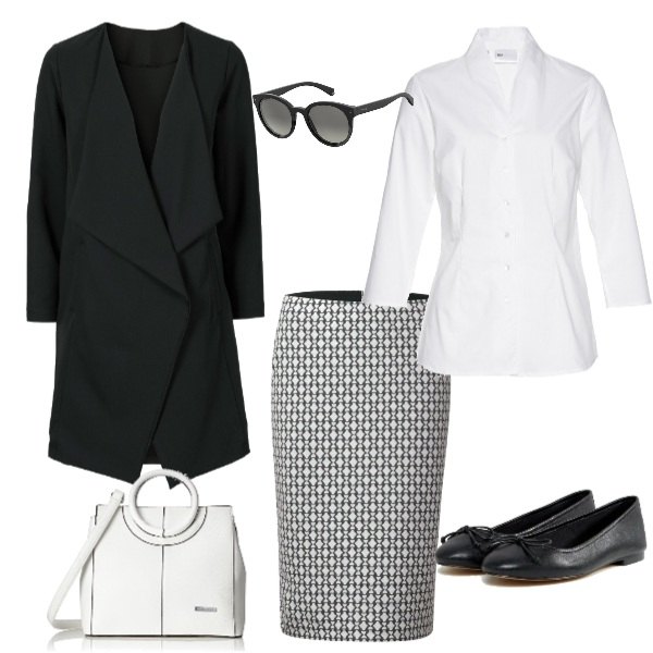 Outfit donna - Black and white. Stile Basic per Ufficio. Abbinamento con camicie, giacche, occhiali da sole, gonna multicolore e bianco, ballerine, borsa a secchiello bianco.