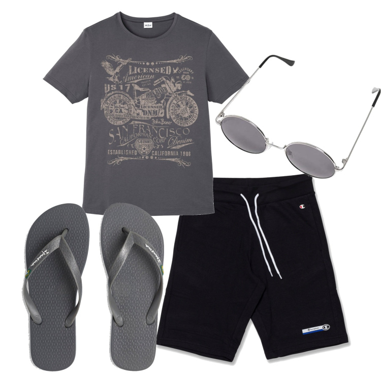 Outfit uomo - Intonatissimo. Stile Urban per Tutti i giorni. Abbinamento con t-shirt, bermuda, sandali, occhiali da sole.