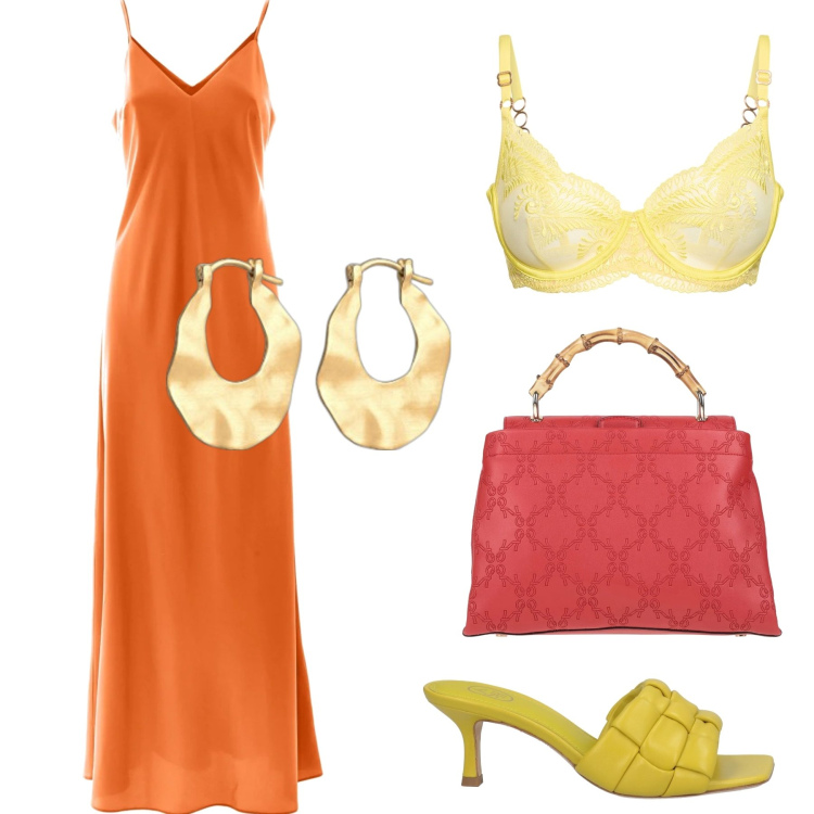 Outfit donna - Lemon & Orange. Stile Sexy per Serata fuori. Abbinamento con sandali in pelle, borse a mano, vestiti lunghi, orecchini, reggiseni.