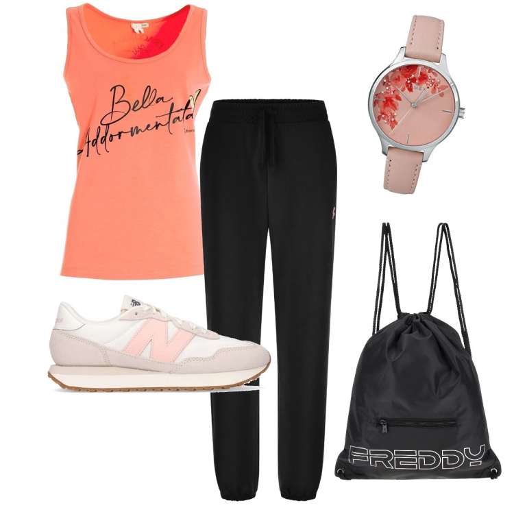 Outfit donna - Bella addormentata. Stile Sporty chic per Sport. Abbinamento con canottiere, zaini, pantaloni, sneakers, orologi analogici.