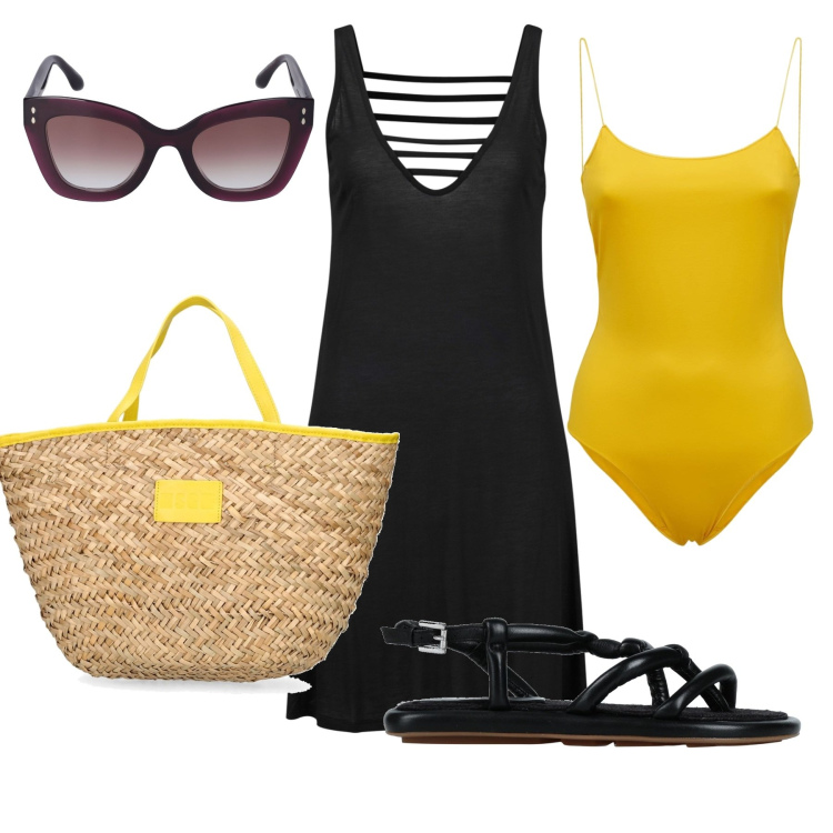 Outfit donna - Giallo e nero. Stile Basic per Mare. Abbinamento con vestiti da spiaggia, infradito, occhiali da sole, shopping bag, costumi interi.