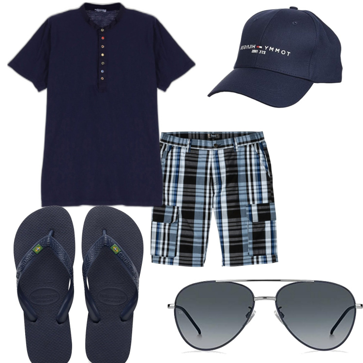 Outfit uomo - Arrivo al mare in blu. Stile Trendy per Mare. Abbinamento con bermuda, t-shirt, sandali, occhiali da sole, cappelli con visiera.