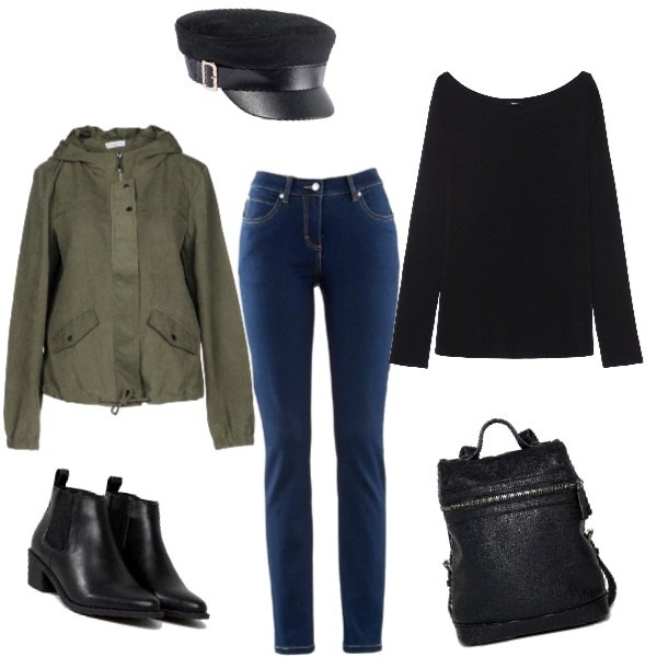 Outfit donna - Disciplina militare. Stile Rock per Tutti i giorni. Abbinamento con jeans dritti, berretto con fibbia nero, giacca, zaino con manico e spalline con zip in denim tinta unita, maglia con scollo a maniche lunghe nero, stivaletti chelsea pianta larga.