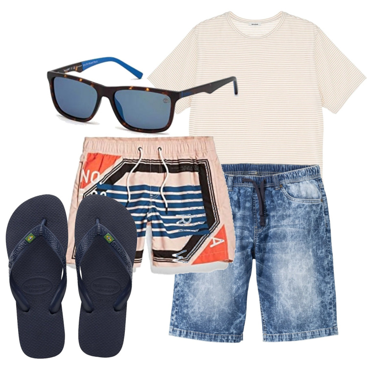 Outfit uomo - Look da skipper. Stile Casual per Mare. Abbinamento con bermuda, t-shirt, sandali, occhiali da sole, costumi.