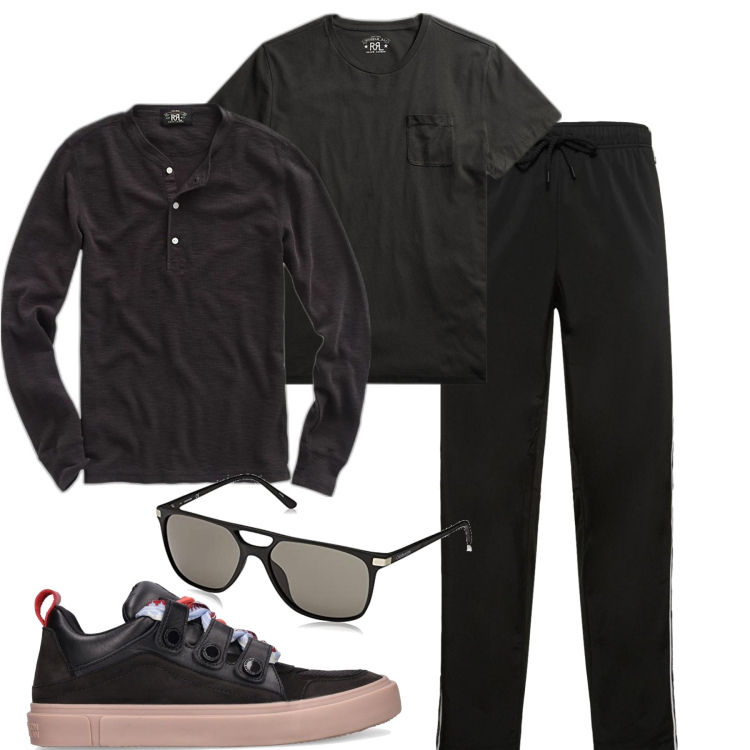 Outfit uomo - Men in black. Stile Casual per Tutti i giorni. Abbinamento con t-shirt, t-shirt, occhiali da sole, pantaloni, sneakers.