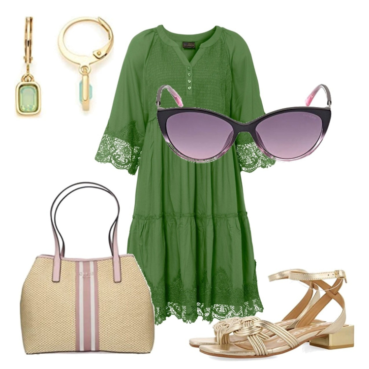 Outfit femme - Robe Dentelle bohoo. Style Boho pour Tous les jours. Assortir avec robes chemisier, boucles d'oreilles, sacs tote, sandales, lunettes de soleil.