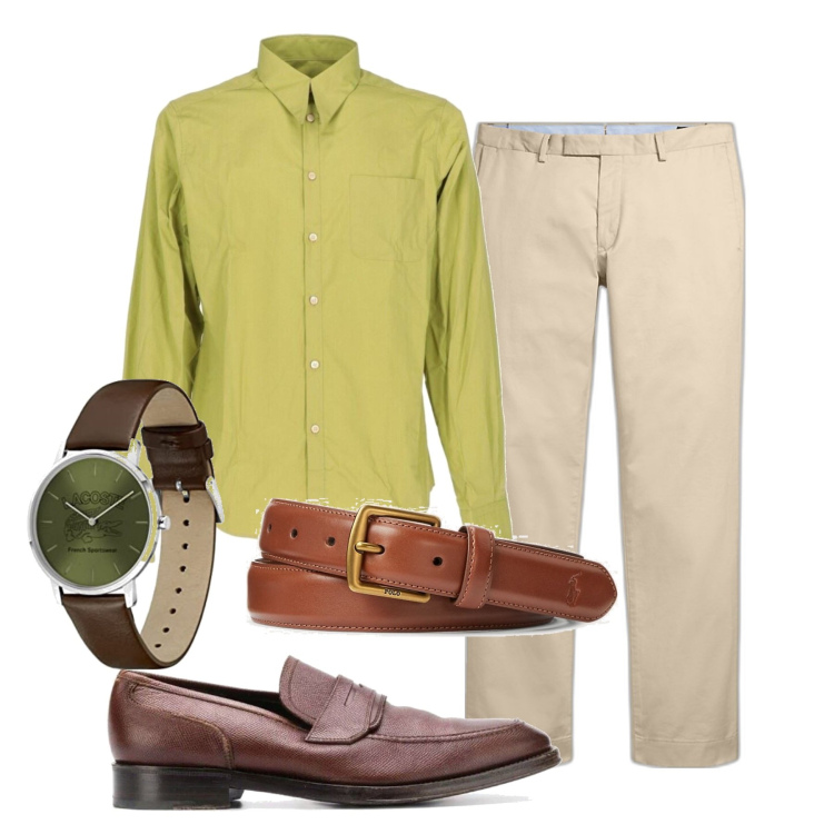 Outfit uomo - La camicia color pistacchio. Stile Business/Elegante per Serata speciale. Abbinamento con scarpe stringate, camicie, cinture, pantaloni chino, orologi analogici.