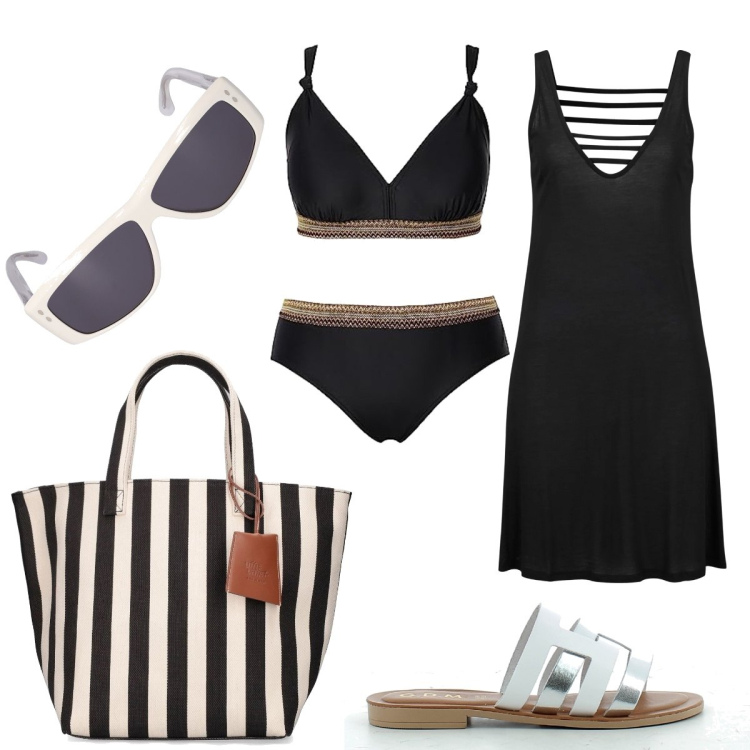 Outfit donna - Oggi spiaggia. Stile Casual per Mare. Abbinamento con vestiti da spiaggia, sandali in pelle, bikini, shopping bag, occhiali da sole.